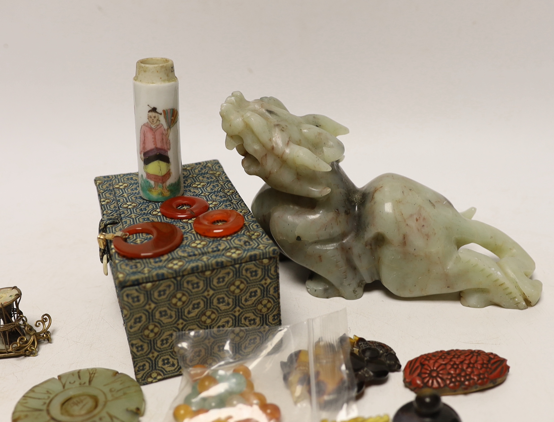 Chinese hardstone Lion dog and various small Chinese collectibles etc, Lion Dog 14cm wide